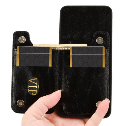 Black phone case with card holder pouch featuring a snap-on front pocket