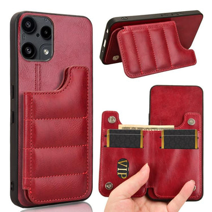 Red phone case with built-in card holder pouch and stitched front pocket
