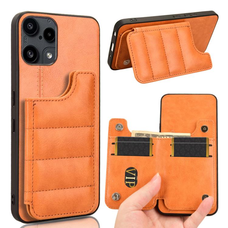 Orange phone case with card holder pouch and snap-secured flap pocket
