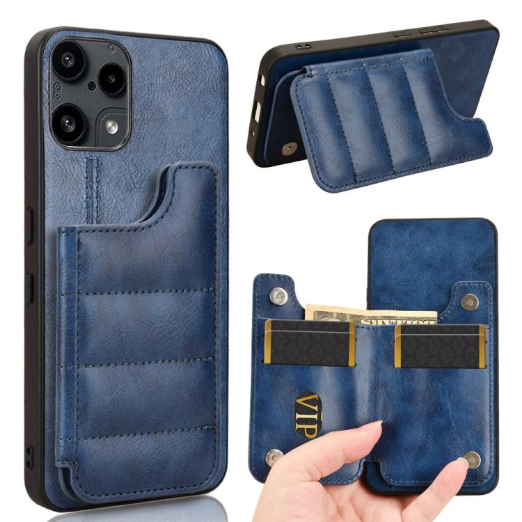 Blue phone case with card holder pouch and stitched vertical pocket
