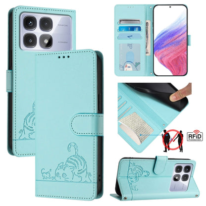 Mint green RFID leather phone wallet case with cat-rat embossed pattern and lanyard