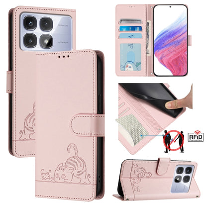 Pink RFID leather phone wallet case with cat-rat embossed design and lanyard strap
