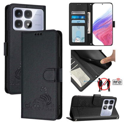 Black RFID leather phone wallet case with cat-rat embossed pattern and lanyard