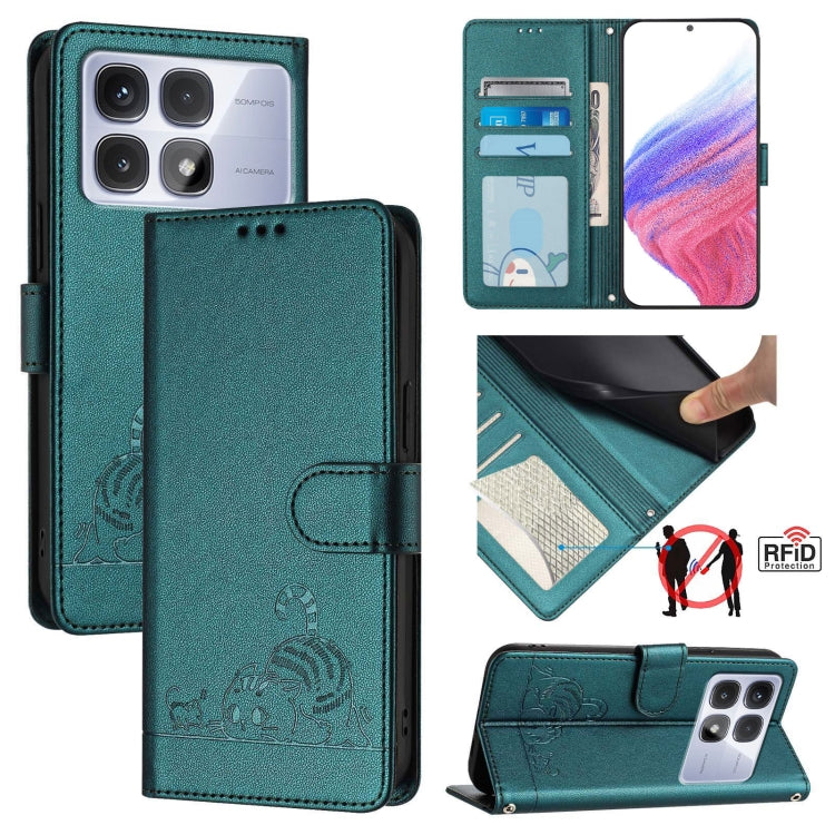 Peacock green RFID leather phone wallet case with cat-rat embossed design and lanyard