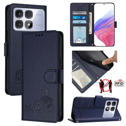 Dark blue RFID leather phone wallet case with cat-rat embossed pattern and lanyard