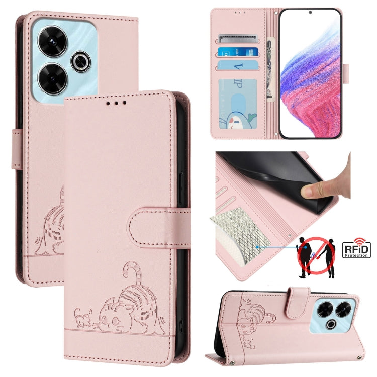 Pink folio leather phone case with cat-rat embossed design, RFID, and lanyard strap