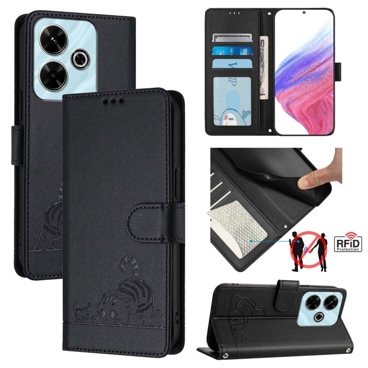 Black folio leather phone case with cat-rat embossed pattern, RFID, and lanyard