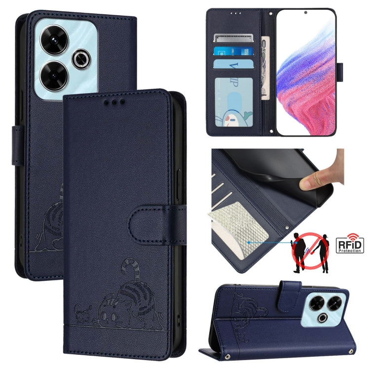 Navy embossed cat-and-rat RFID leather phone case with lanyard, wallet-style flip cover