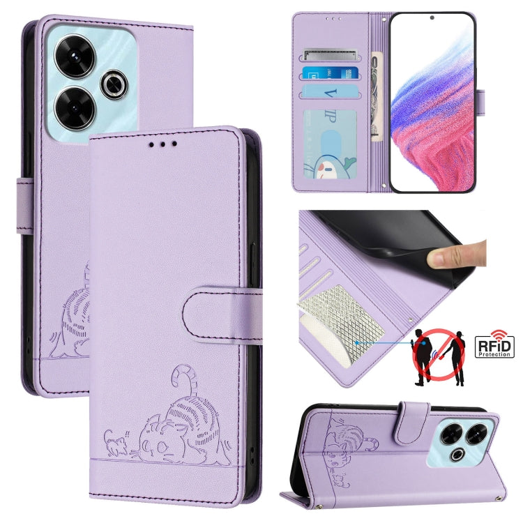 Purple embossed cat-and-rat RFID leather phone case with lanyard, wallet-style flip cover