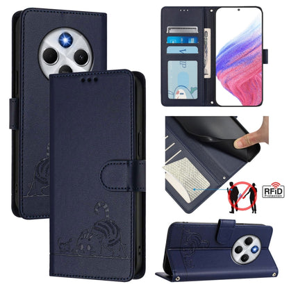Cat-embossed RFID leather wallet phone case with lanyard, dark blue flip cover.