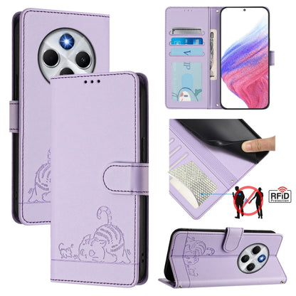 Cat-embossed RFID leather wallet phone case with lanyard, lilac purple flip cover.
