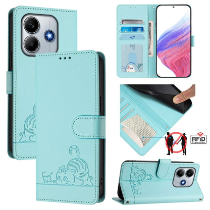 Mint green leather phone case with embossed cat pattern, RFID card slots, flip cover