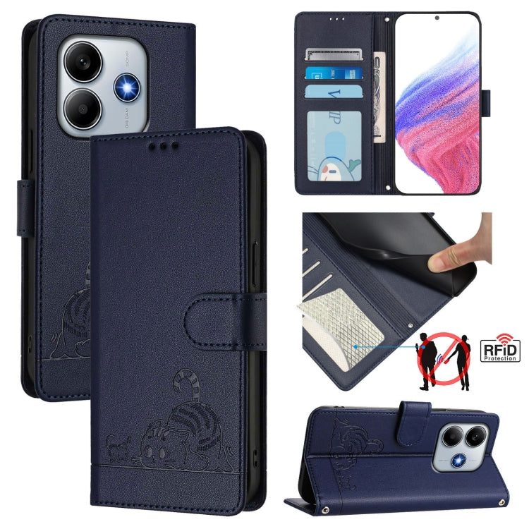 Navy leather phone case with embossed cat pattern, RFID card slots, flip cover