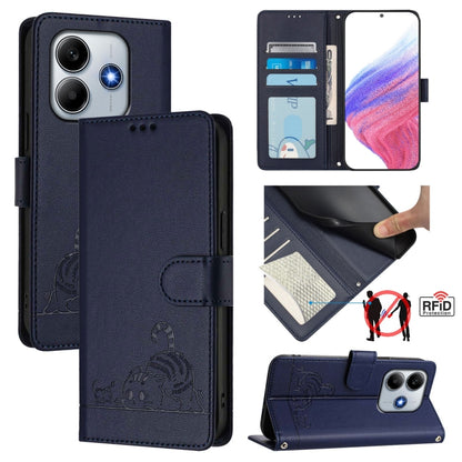 Navy leather phone case with embossed cat pattern, RFID card slots, flip cover