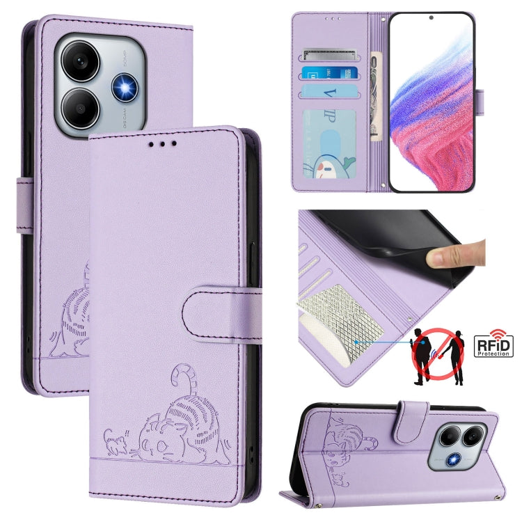 Lavender leather phone case with embossed cat pattern, RFID card slots, flip cover