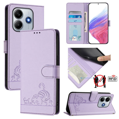 Lavender leather phone case with embossed cat pattern, RFID card slots, flip cover