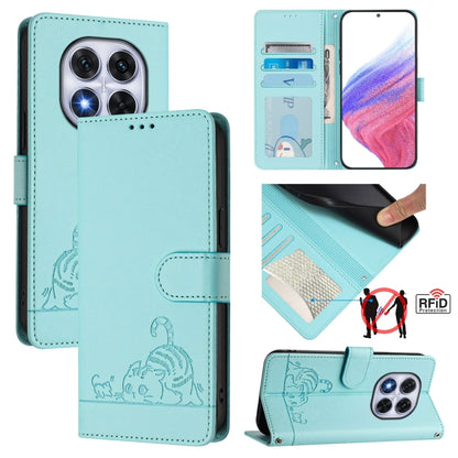 Light mint leather phone case with embossed cat pattern, RFID card slots, flip cover