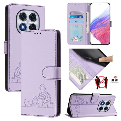 Cat-embossed RFID leather wallet phone case with lanyard, lilac purple flip cover.