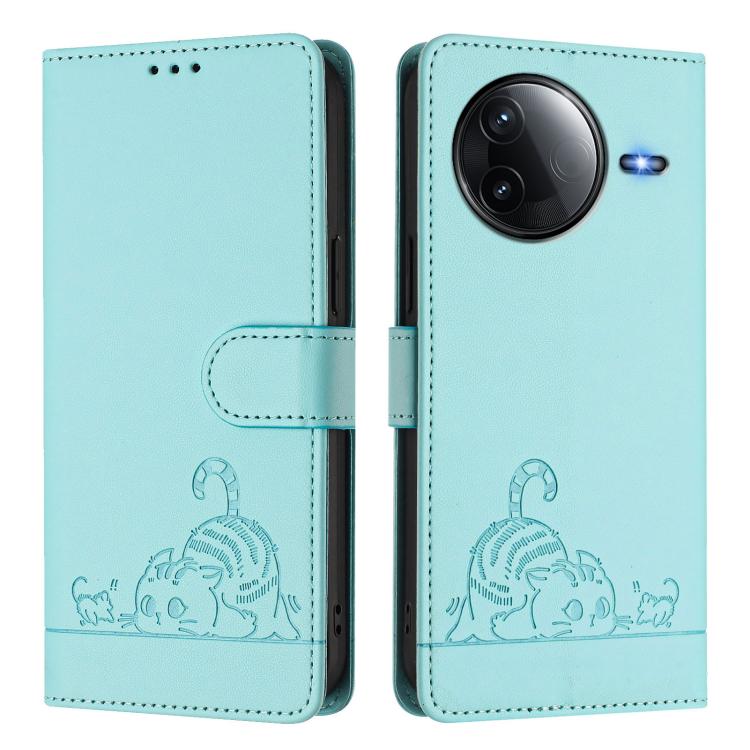 Mint green leather-style phone case with cat-and-rat embossed design and side camera cutout