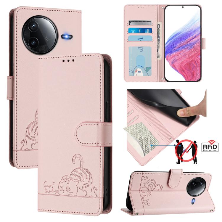 Pink leather-style wallet phone case with cat-and-rat embossed pattern and card slot window