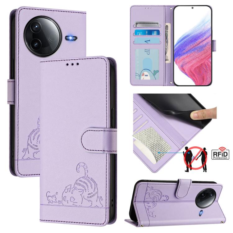 Lavender leather phone case with embossed cat pattern, RFID card slots, flip cover