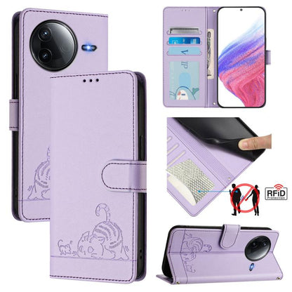 Lavender leather phone case with embossed cat pattern, RFID card slots, flip cover