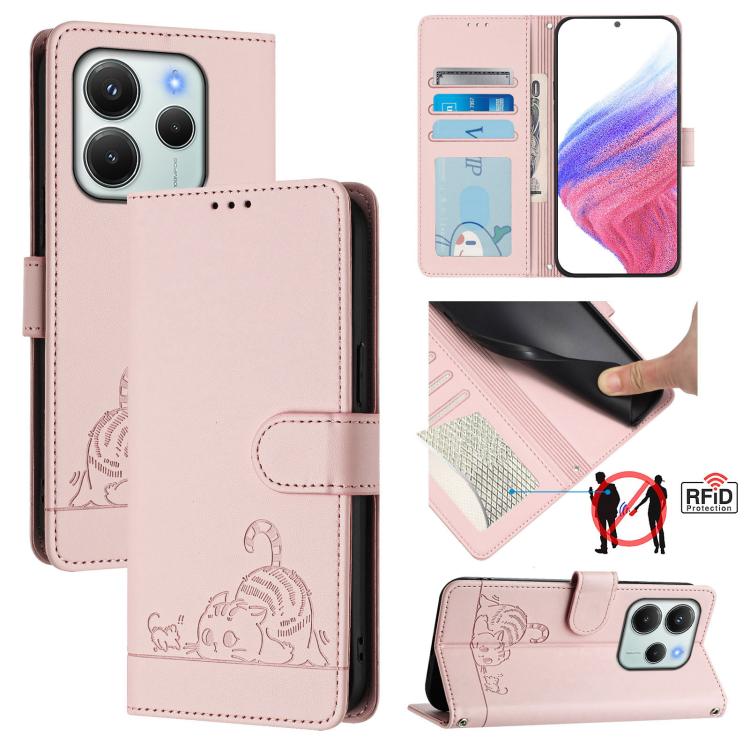 Pink embossed cat rat RFID leather phone case with flip cover and card slots