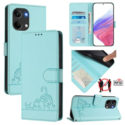 Mint green RFID leather phone case with lanyard, embossed pattern, and card slots