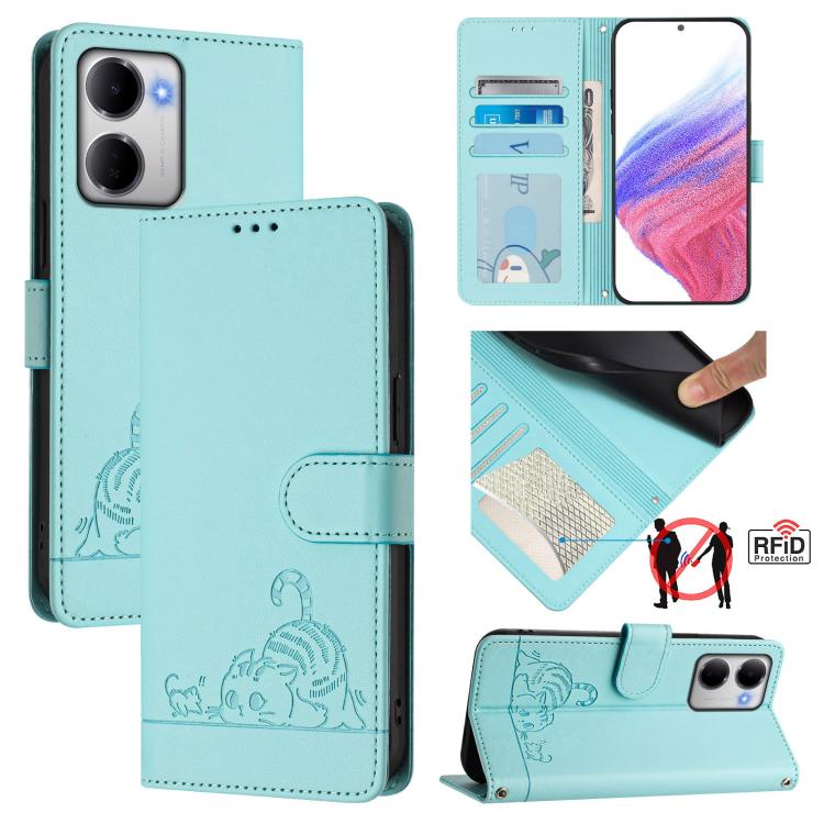 Mint green embossed cat-and-rat leather phone wallet case with magnetic flap and strap