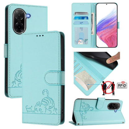 RFID leather folio phone case in mint blue with embossed cat pattern and card slots