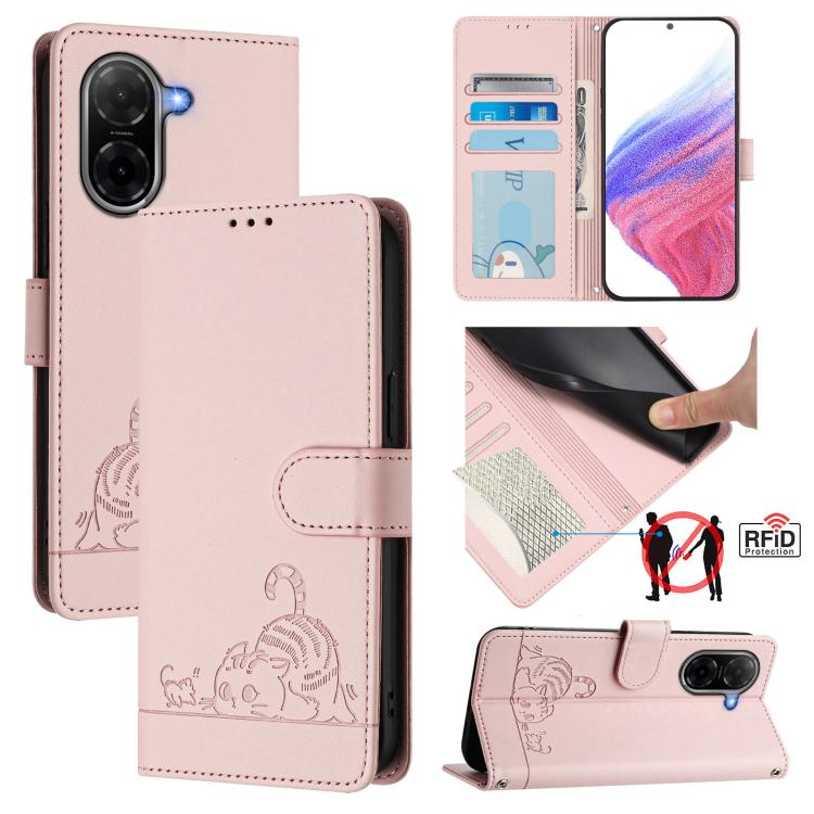 RFID leather folio phone case in blush pink with embossed cat pattern and card slots