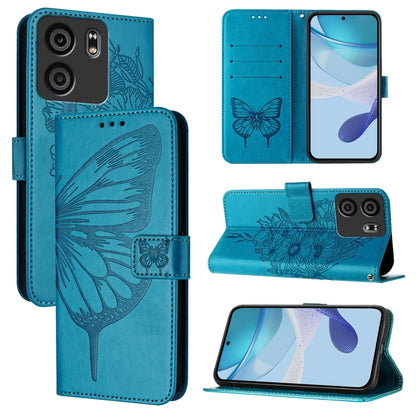 Embossed butterfly leather phone case with flip stand, blue