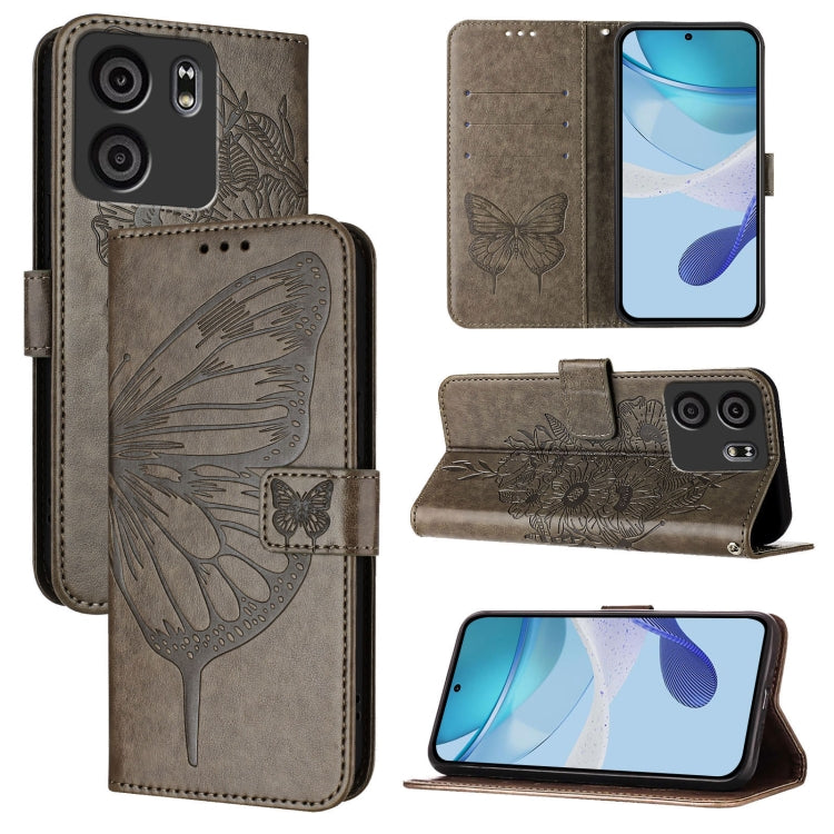 Embossed butterfly leather phone case with flip stand, grey