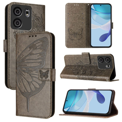 Embossed butterfly leather phone case with flip stand, grey