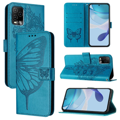Embossed butterfly leather phone case, blue folio with card slots and stand