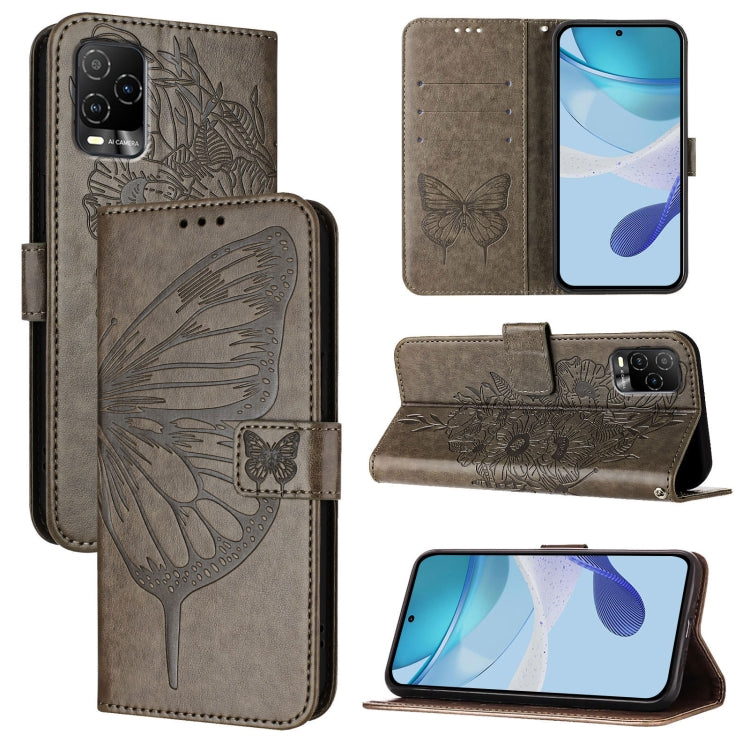 Embossed butterfly leather phone case, grey folio with card slots and stand