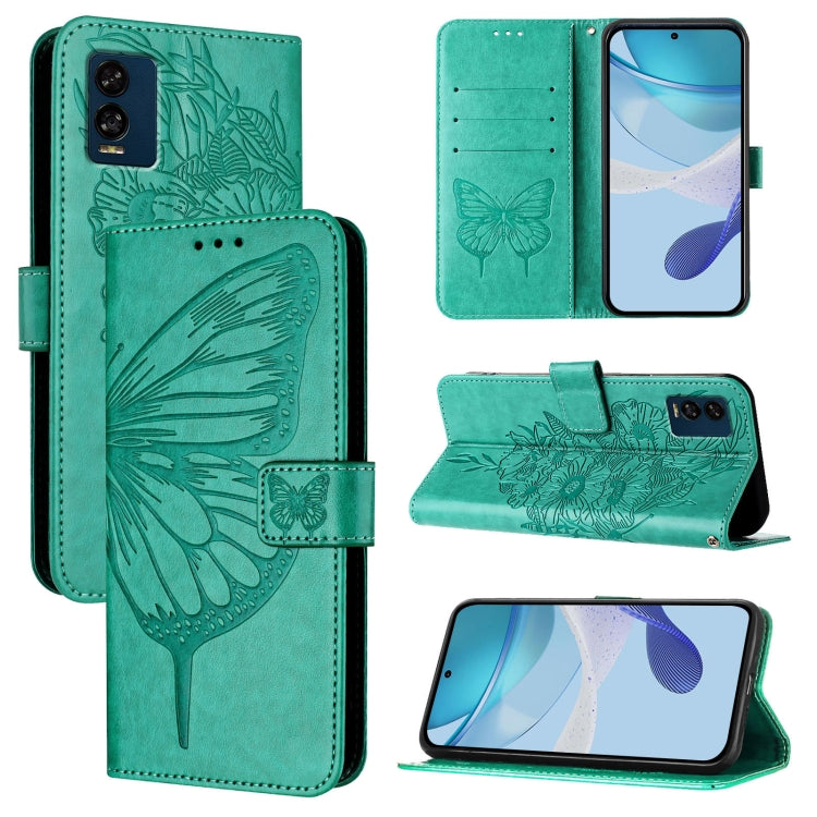Green embossed butterfly leather folio phone case with wallet slots and stand cover
