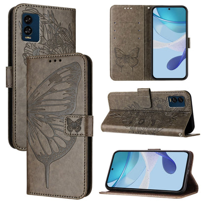 Grey embossed butterfly leather folio phone case with wallet slots and stand cover