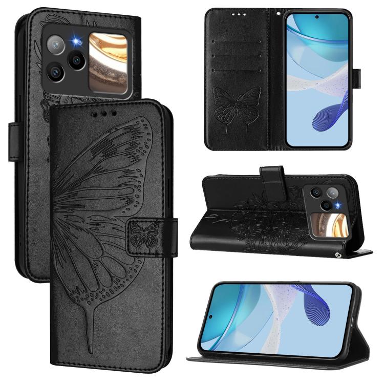 Black leather phone case with embossed butterfly, folio flip cover and card holder slots.