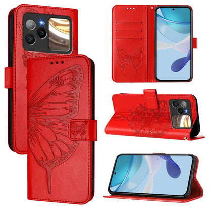 Red leather phone case with embossed butterfly, folio flip cover and card holder slots.