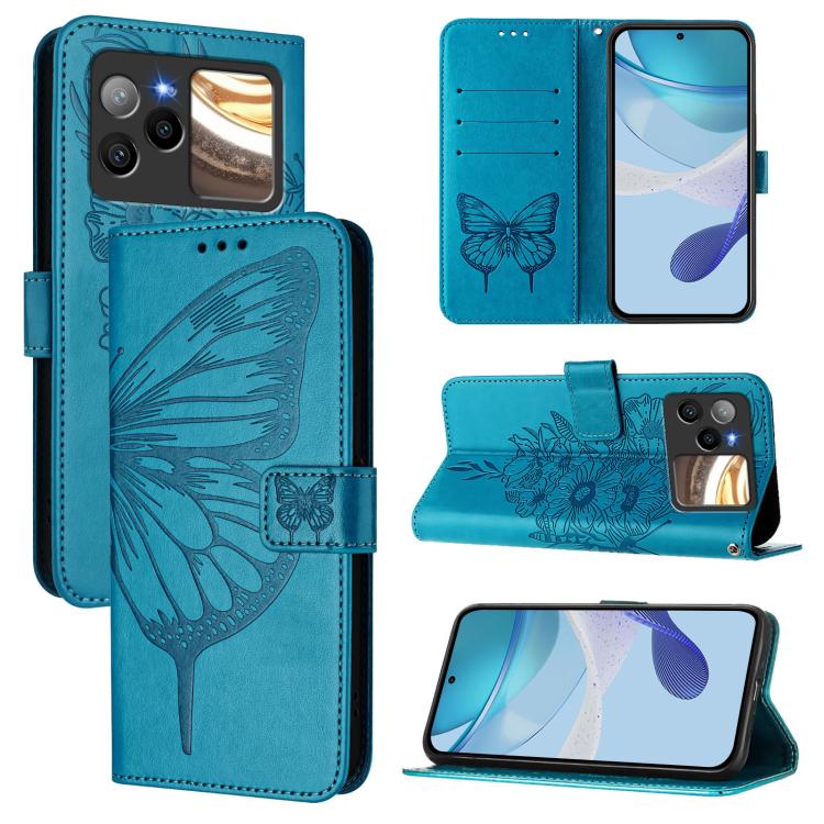 Teal leather phone case with embossed butterfly, folio flip cover and card holder slots.