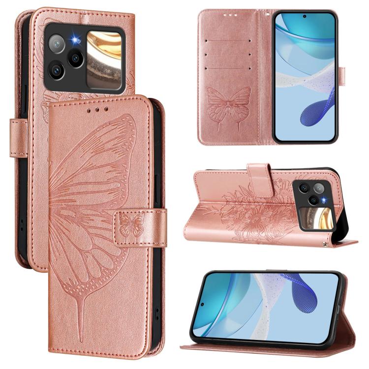 Light rose leather phone case with embossed butterfly, folio flip cover and card holder slots.
