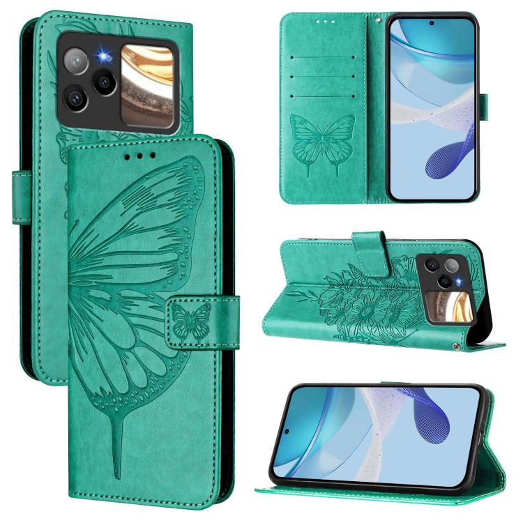 Teal green leather phone case with embossed butterfly, folio flip cover and card holder slots.