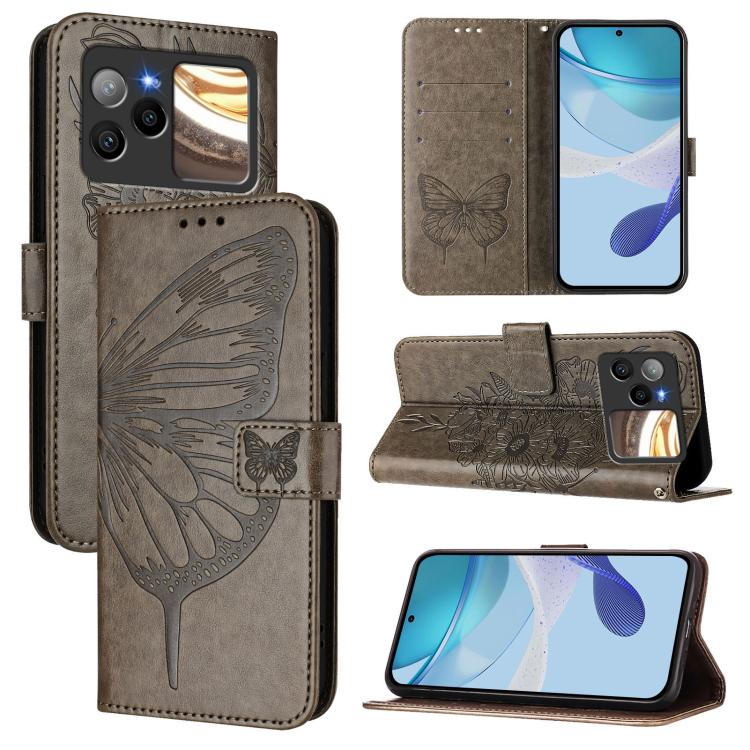 Embossed butterfly leather phone case, grey folio with card slots and stand