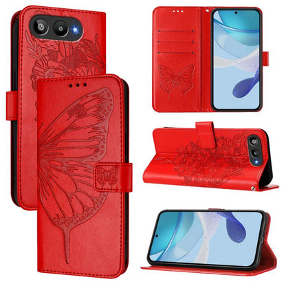 Red embossed butterfly leather phone wallet case with folio cover and textured butterfly emboss