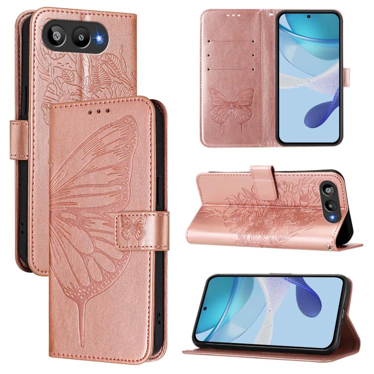 Rose leather phone case with embossed butterfly, folio flip cover and card holder slots.