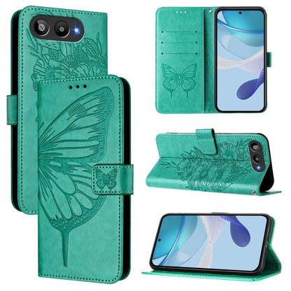 Green leather phone case with embossed butterfly, folio flip cover and card holder slots.