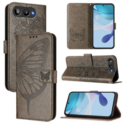 Grey leather phone case with embossed butterfly, folio flip cover and card holder slots.