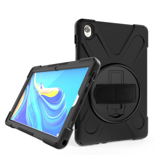 Black shockproof tablet case with rotating kickstand and hand grip strap