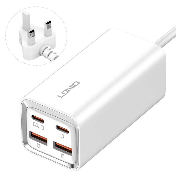 White LDNI0 desktop charger with four USB ports, showing plug adapter detail